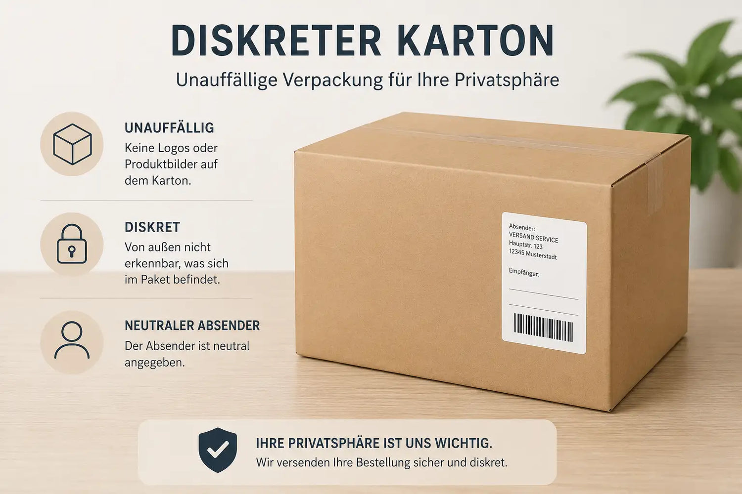 Eine schlichte braune Kartonverpackung mit einem weißen Versandaufkleber und Barcode, ausgelegt für eine unauffällige Verpackung.