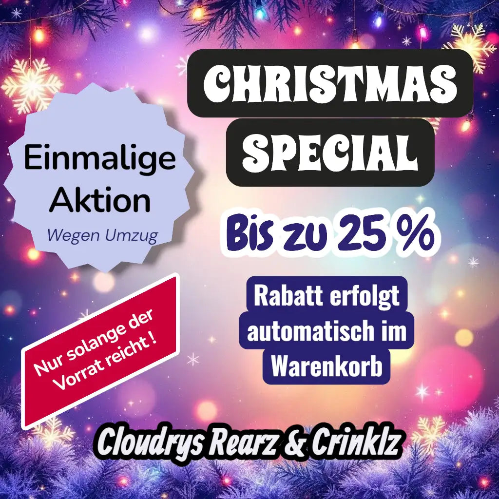 Weihnachtliches Werbebild mit festlichen Lichtern und Schneeflocken.